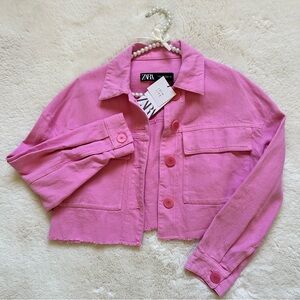 ZARA Pink Cropped Button Collared Jacket Women's XS